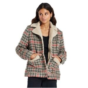 Brixton Plaid Teddy Jacket in Cream, Gray & Red